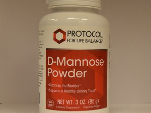 A bottle of D-Mannose Powder supplement, claiming to cleanse the bladder and support a healthy urinary tract.
