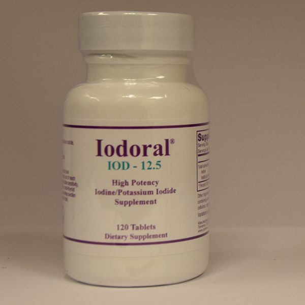 Sentence with product name: A bottle of Iodoral IOD -12.5, a high potency iodine/potassium iodide supplement, containing 120 tablets.