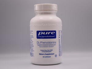 Bottle of DL-Phenylalanine dietary supplement by Pure Encapsulations, stating support for emotional well-being and muscles, with 90 capsules, gluten-free, and non-GMO.