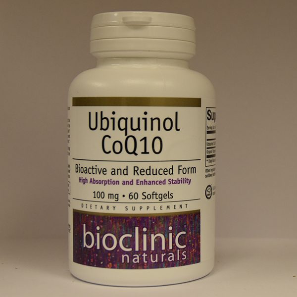 A bottle of Ubiquinol CoQ10 dietary supplement, containing 60 softgels at 100 mg each.