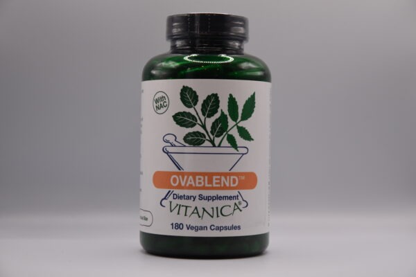 A bottle of Ovablend dietary supplement with 180 vegan capsules displayed against a neutral background.