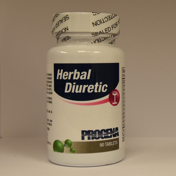 Bottle of herbal diuretic dietary supplement standing upright with a label showing the brand and number of tablets contained.