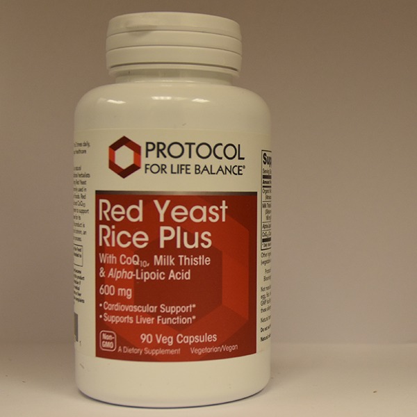 Bottle of protocol for life balance red yeast rice plus dietary supplement with coq10, milk thistle, and alpha-lipoic acid for cardiovascular and liver support, 600 mg, 90 veg capsules.