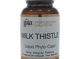 A bottle of Milk Thistle highlighting its purity, integrity, and potency, containing 60 liquid-filled capsules that are 100% vegetarian.