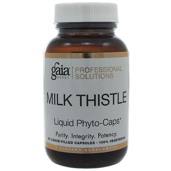 A bottle of Milk Thistle highlighting its purity, integrity, and potency, containing 60 liquid-filled capsules that are 100% vegetarian.