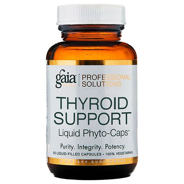 A bottle of Gaia Herbs Thyroid Support, liquid phyto-caps dietary supplement with a label indicating 60 vegetarian capsules for professional solutions.