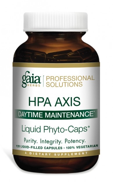 A bottle of gaia herbs professional solutions dietary supplement, specifically for "hpa axis daytime maintenance," containing 120 liquid-filled capsules that are 100% vegetarian.