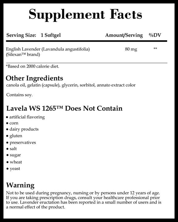 A supplement facts label detailing the serving size, amount per serving, and ingredients of Integrative Therapeutics Lavela WS 1265. Additionally, it provides information on what the supplement does not contain and a warning about its use during pregnancy or with certain health conditions.