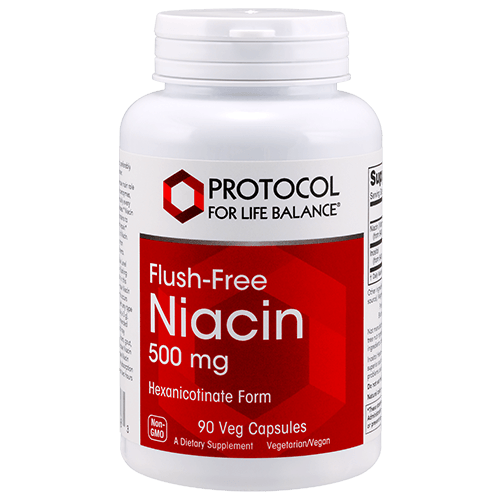 A bottle of Flush-Free Niacin dietary supplement in hexanicotinate form, containing 90 vegetarian capsules.