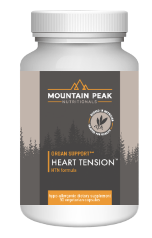 A bottle of HTN Support dietary supplement capsules with a label featuring mountain silhouettes and a seal indicating that it is gluten-free and vegetarian.