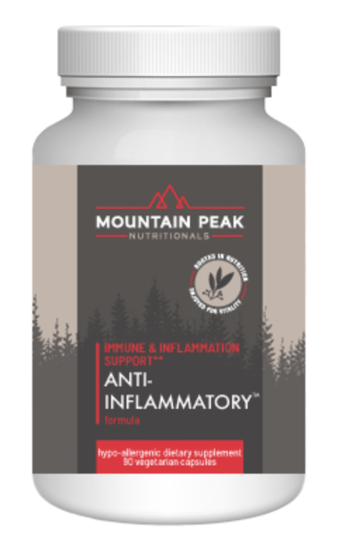 A bottle of Anti Inflammatory Formula from mountain peak nutritionals, aimed at supporting immune function and reducing inflammation, labeled as hypoallergenic vegetarian capsules.