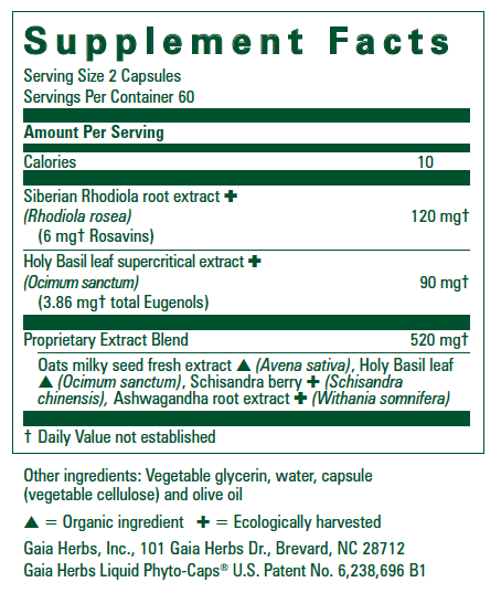 The image shows a supplement facts label for a serving size of two capsules with ten servings per container. the key ingredients listed are rhodiola rosea (siberian rhodiola root), holy basil leaf supercritical extract, proprietary extract blend, and other ingredients, highlighting that the product is vegetarian and ecologically harvested. the label also indicates that it is a gaia herbs product, with a reference to its patent number at the bottom.