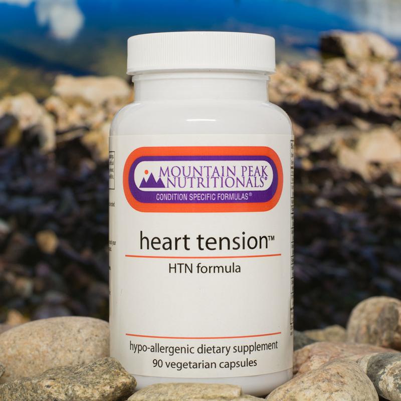 A bottle of HTN Support dietary supplement against a natural backdrop of stones and a blurred mountain landscape.