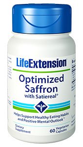 A bottle of Optimized Saffron dietary supplement, claiming to support healthy eating habits and positive mental outlook, containing 60 capsules.