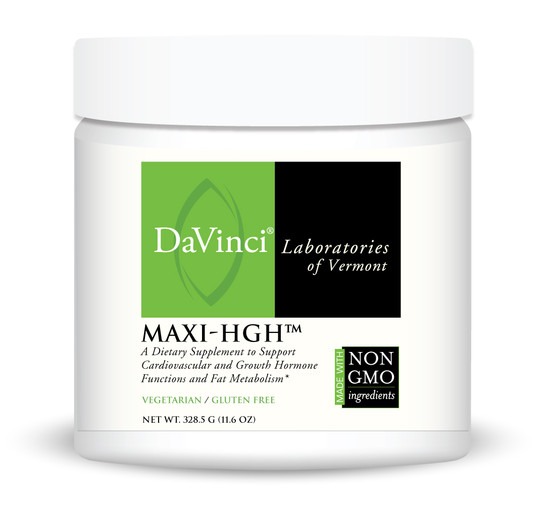 A container of davinci laboratories of vermont maxi-hgh dietary supplement with non-gmo and gluten-free claims on the label.