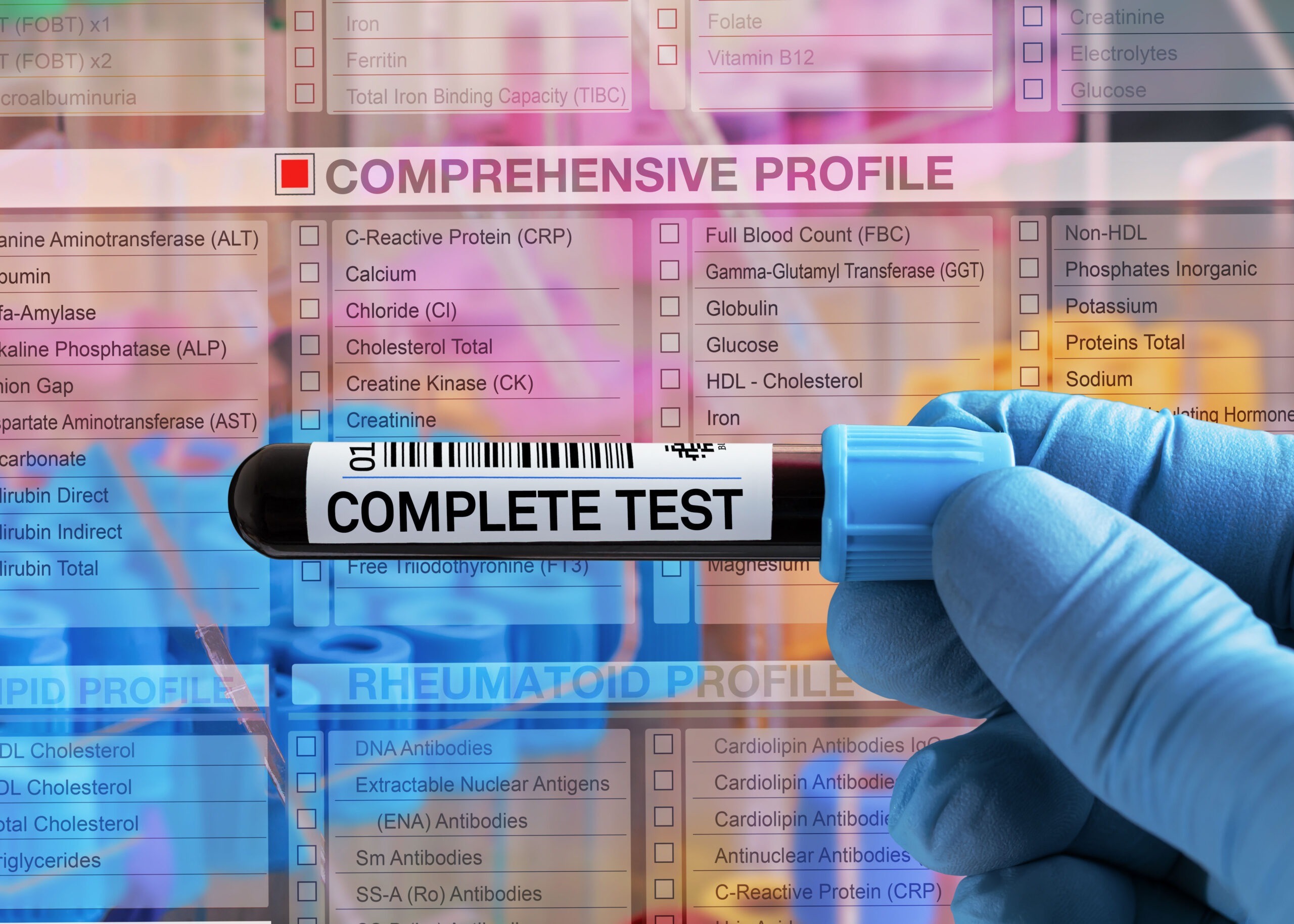 Blood tube test with requisition form for Complete blood test