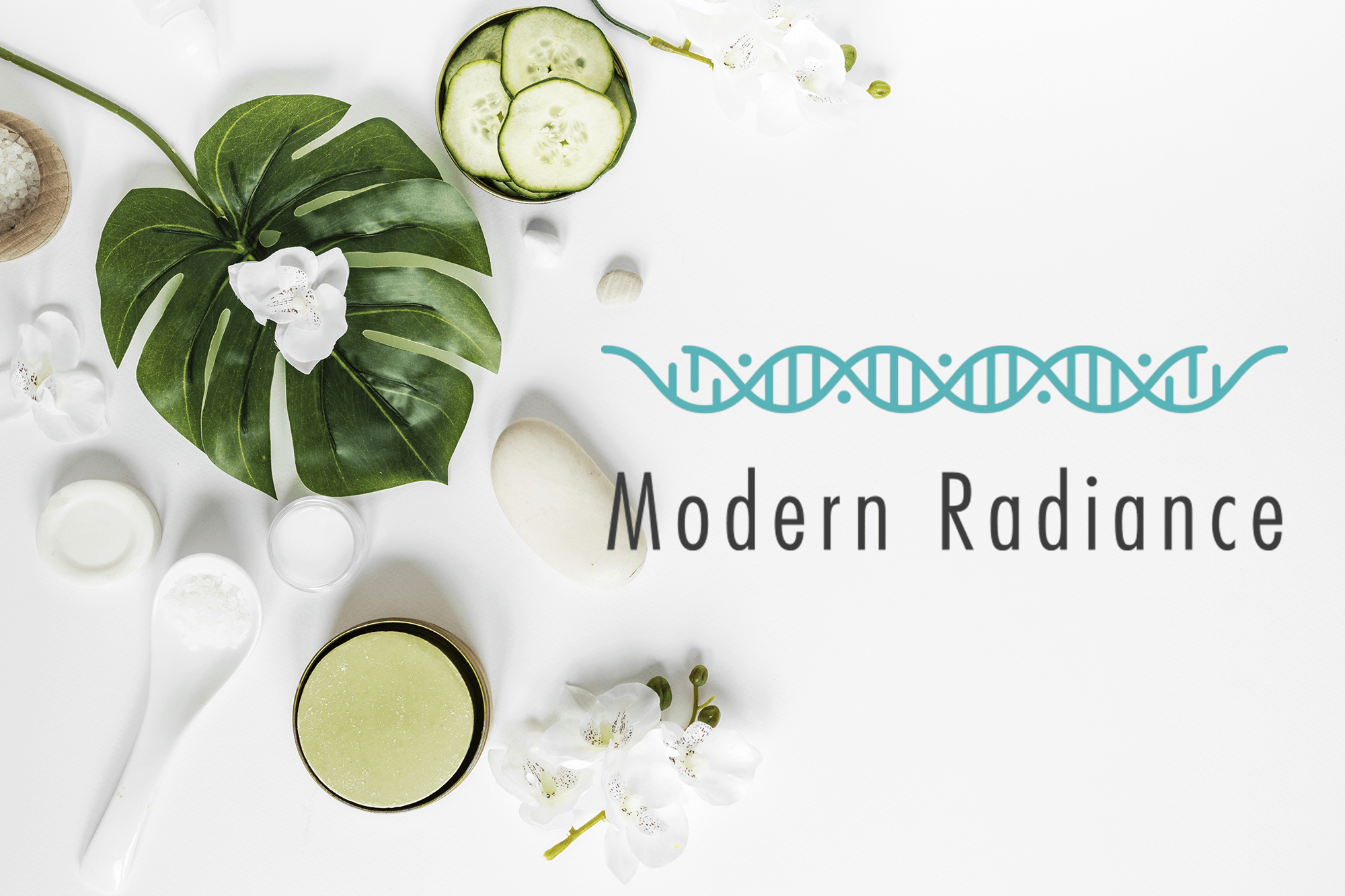 Soothing natural skincare products arranged aesthetically with a green monstera leaf and delicate white flowers, embodying the essence of 'modern radiance'.