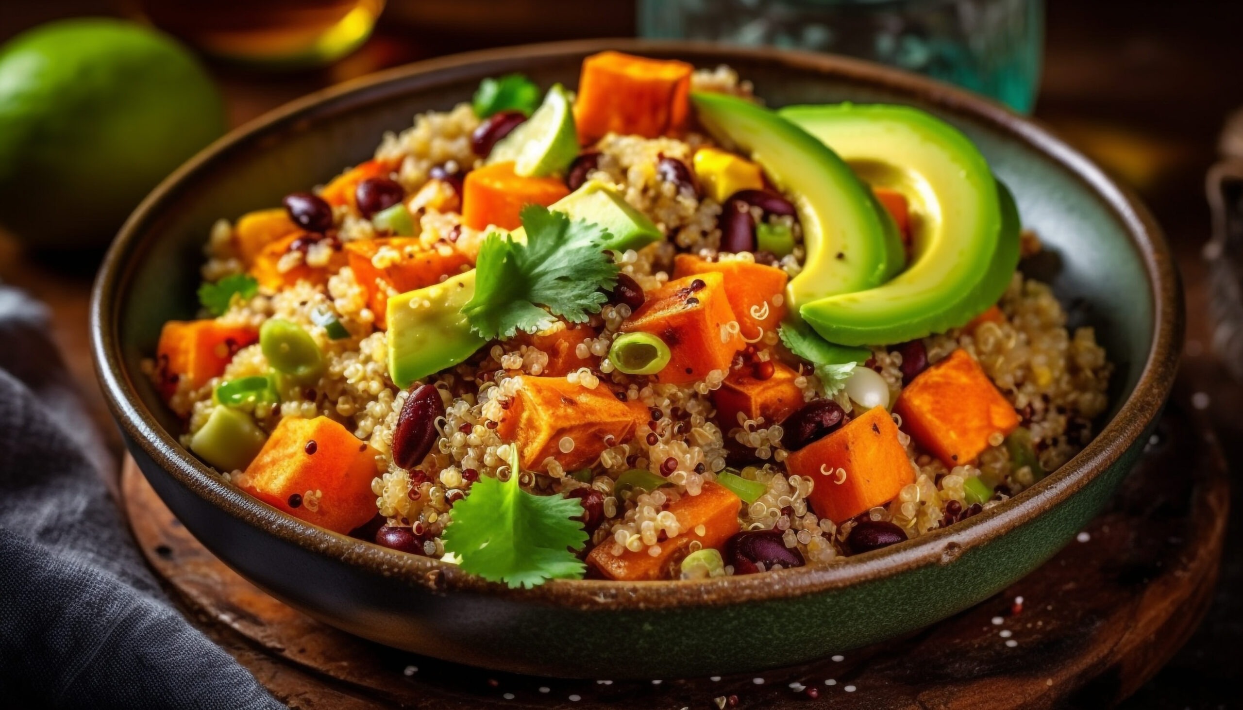 Colorful quinoa salad bowl with roasted sweet potatoes, black beans, creamy avocado slices, and fresh cilantro, served on a rustic wooden table. perfect for a healthy and vibrant meal.