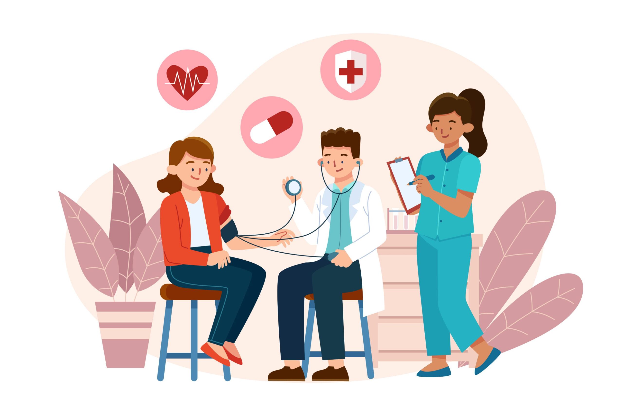 A friendly and caring healthcare environment with a happy patient getting a checkup from a doctor while a nurse takes notes, surrounded by symbols of medicine and wellness.