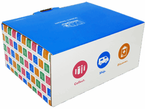 Colorful Doctor's Data test kit shipping box featuring icons and branding.