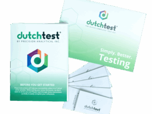 Dutch Test kit packaging and components laid out on a white background.