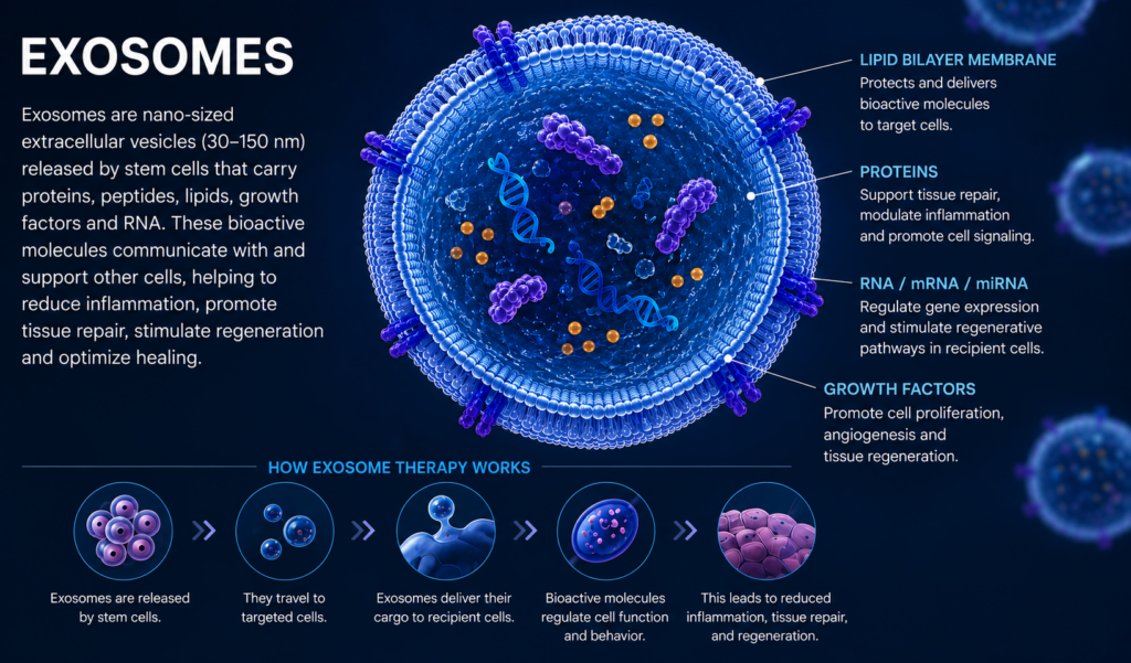 Informational infographic about exosomes: nano-sized vesicles carrying proteins, lipids, and RNA, illustrating their therapeutic roles and components.