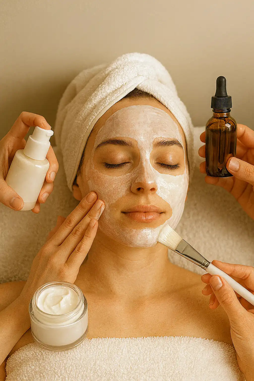 Client receiving a Replenishing Hydration Facial with multiple skincare products being applied