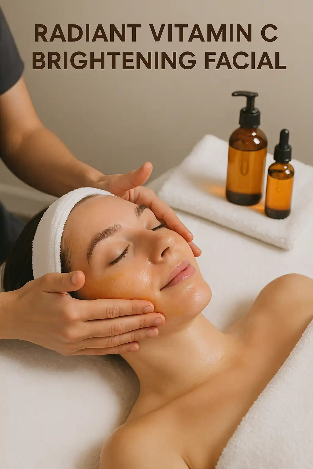 Client receiving a Brightening Facial treatment with skincare products on a towel nearby