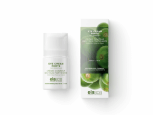 Bottle of the Elaspa eye cream forte next to its box against a white background.