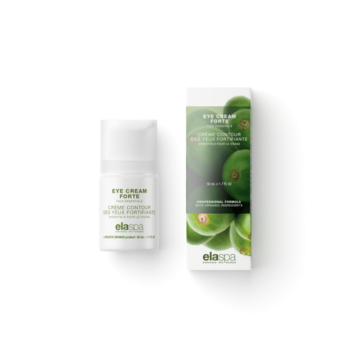 Bottle of the Elaspa eye cream forte next to its box against a white background.