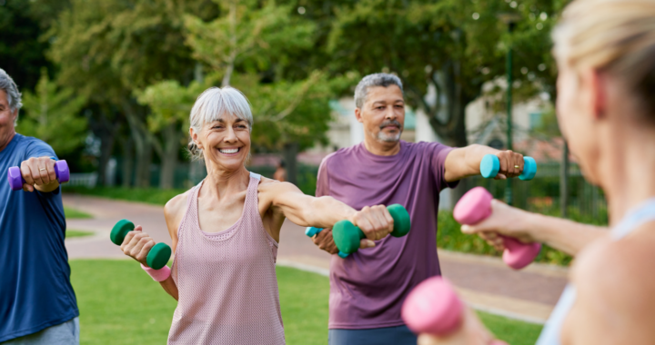 Adults exercising with weights and aging gracefully.