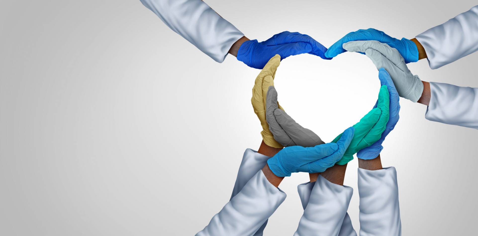 Medical teamwork and doctors unity and global health care partnership as doctor hands in a group of diverse medics connected together shaped as a heart symbol in a 3D illustration style.